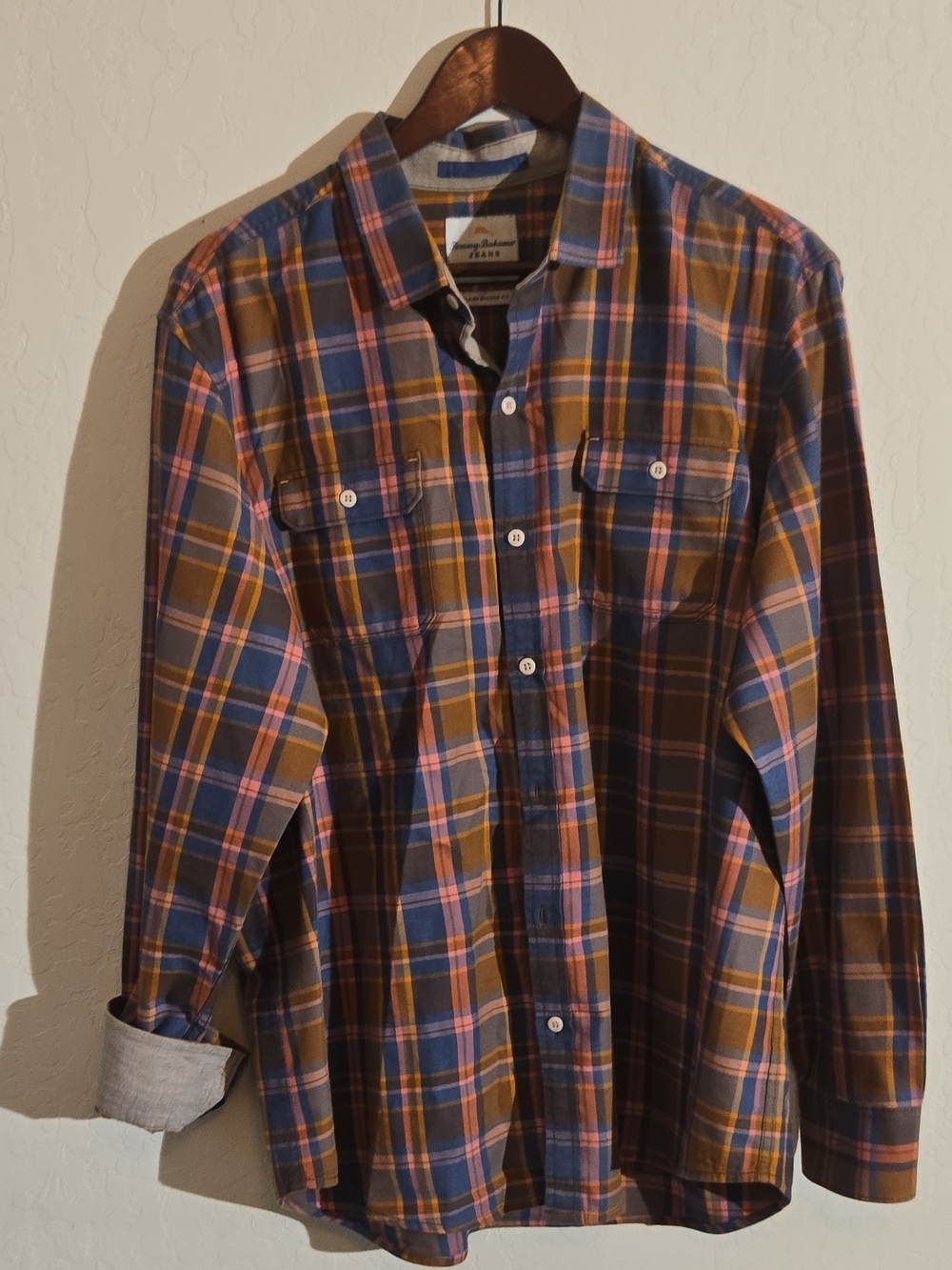 Tommy Bahama Blue, Brown & Pink Plaid Button-Down Shirt